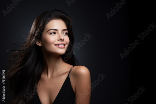 Radiant Beauty Woman With Satisfied Expression on Dark Background