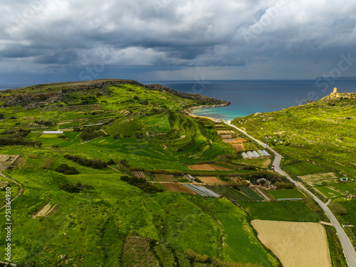 Aerial view of Gnejna Bay and fields, stormy winter sky. Maltese island photo