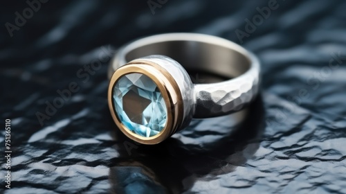 Wedding ring with blue sapphire on a black background with copy space. Perfect for jewelry store advertisements or engagement-related content.
