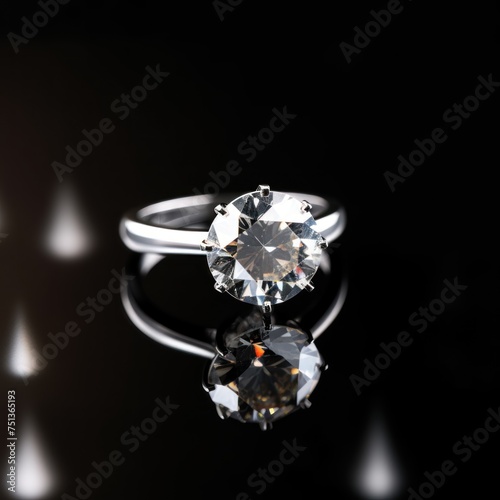 jewelry diamond ring on black background with reflection and bokeh Perfect for jewelry store advertisements or engagement-related content with Copy Space.