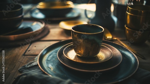 Luxurious Still Life: Artifact Ceramic Plates and Gold Cups