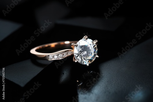 Wedding ring with diamond on black background with Copy Space. Perfect for jewelry store advertisements or engagement-related content.