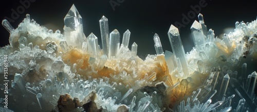 A close-up view of a mesmerizing cluster of hyaline quartz crystals surrounding barite in a captivating formation, showcasing the intricate details and unique formations of each crystal.
