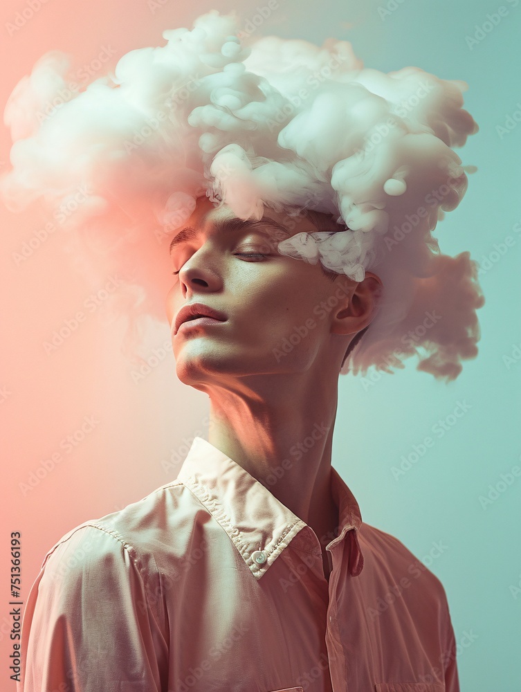 Surreal Cloud-Headed Man in Pastel Tones