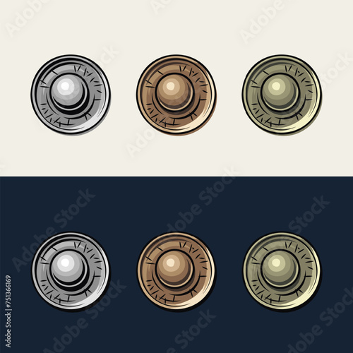 Set of golden, silver, copper metal rivets. Isolated sewing accessories on black, white background. Vintage style illustration