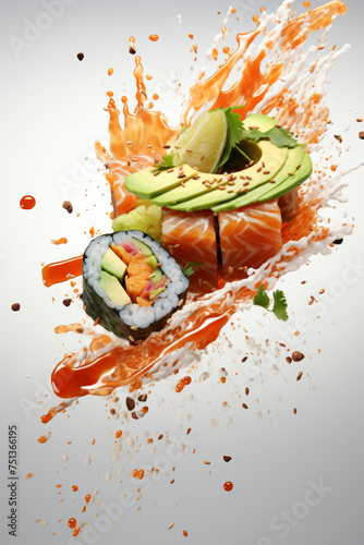Flying ???? and sushi ingredients. Salmon, avocado, sesame, sauce splashes on grey background