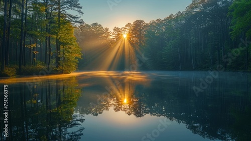 Sun Shining Through Clouds Over Lake