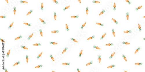 Fresh carrots with leaves. Organic healthy vegetarian food. Isolated watercolor seamless pattern. Print for children's goods, Easter cards, packaging paper, invitations, baby's textiles, scrapbooking.