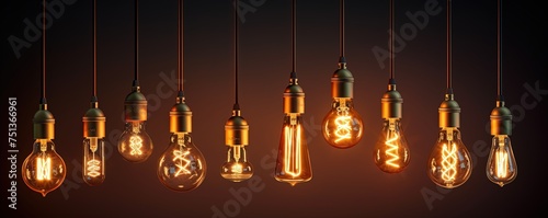 Decorative antique Edison style light bulbs, different shapes of retro lamps on dark background. Interior design decoration details. Set of vintage glowing light bulbs, loft interior photo