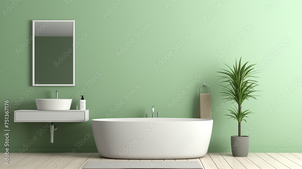 Modern Minimalist Bathroom with Bathtub, Floating Vanity, and Lush Greenery Modern Minimalist Bathroom with Bathtub, Floating Vanity, and Lush Greenery