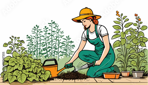 Vector de una mujer trabajando en un jardín