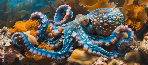 A Blue Octopus Octopus cyanea is observed sitting on vibrant coral in the Red Sea. The octopuss tentacles are wrapped around the coral while it peacefully remains in place.