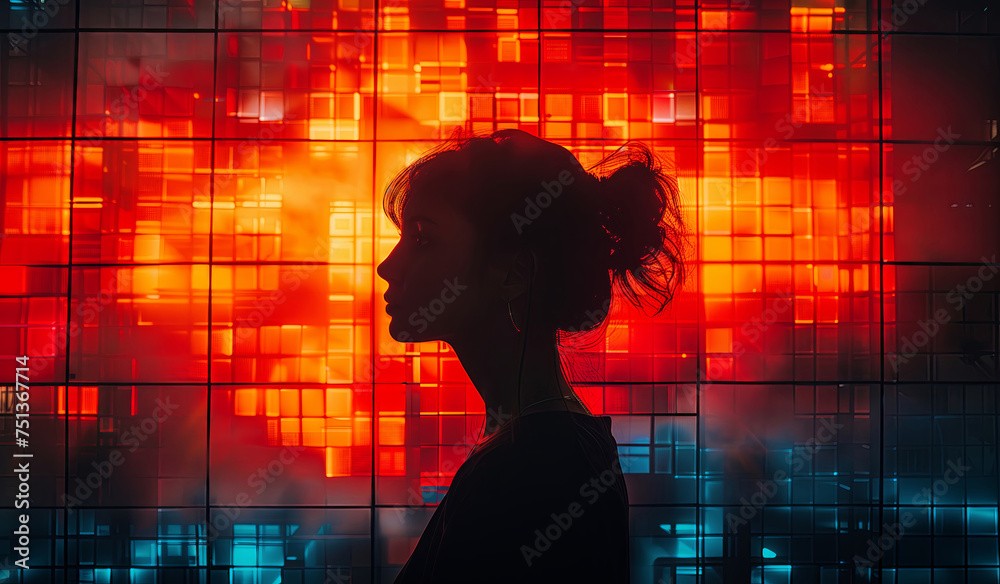 A silhouetted girl in front of a colorful mosaic wall