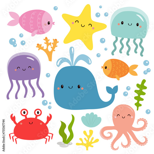 Sea and ocean animal set. Fish  jellyfish  octopus  whale  crab  algae  seaweed  water bubble  shell  stone. Childish style. Educational cards for kids. White background. Isolated. Flat design