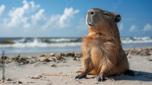 Rodent Scavenging on Sandy Beach by Ocean