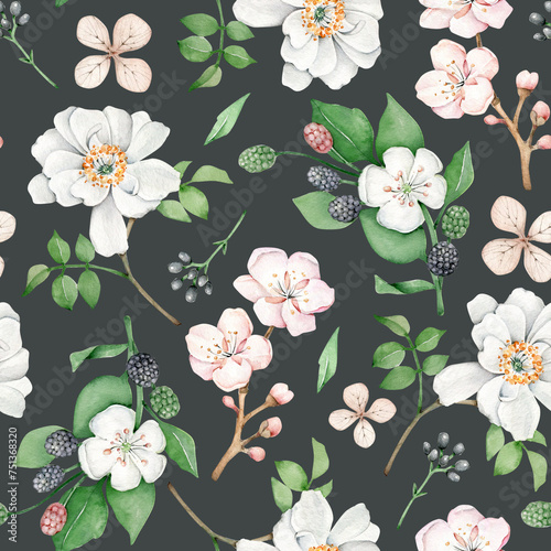 watercolor vintage floral pattern. seamless pattern with flower and berries.spring flowers.hand drawn flora.herbal print.flower ornament.fabric design with dark background