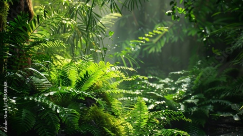 Lush Green Ferns Bathed in Sunlight in a Tranquil Forest Setting, Perfect for Nature and Wellness Themes