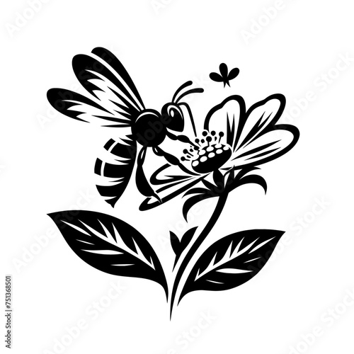 Bee in nature on flower. Engraved isolated vector illustration