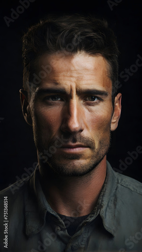 Bodybuilder Brave face close up, against a dark and dramatic background