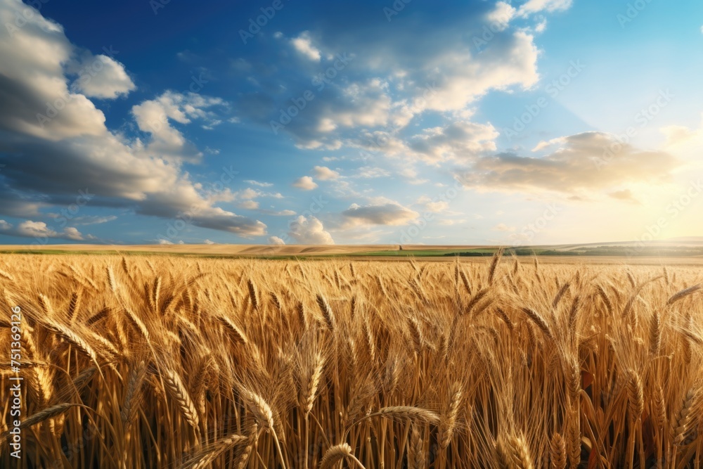 Wheat field under the blue sky. Ripe wheat ears background. Rich harvest concept.