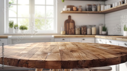 Empty beautiful round wood tabletop counter on interior in clean and bright kitchen background, Ready for display, Banner, for product montage