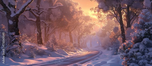 A snowy road winds through a winter forest, with snow-covered trees lining the path. The ground is blanketed in snow as the sun sets in the background, casting a warm glow over the serene scene.