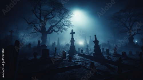 A graveyard at night shrouded in thick foggy haze. photo