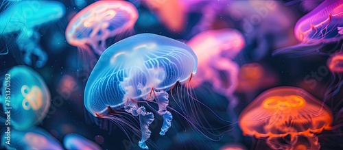 A group of underwater jellyfish with bright fluorescent tentacles peacefully drift in the ocean. They gracefully move with the currents, creating a mesmerizing sight in their aquatic habitat. © TheWaterMeloonProjec