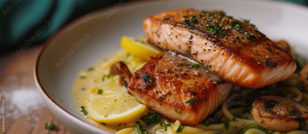 A white bowl is filled with pasta and seared salmon, coated in a flavorful leek carbonara sauce. The dish is visually appealing and ready to be enjoyed.