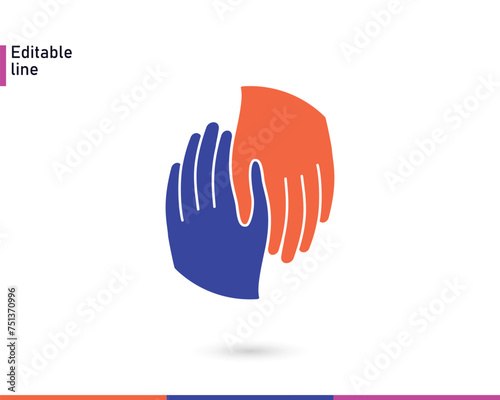 global helping hand in circle shape logo icon or symbol, abstract people reaching for help and giving help, concept of volunteer charity donation community partnership teamwork social care