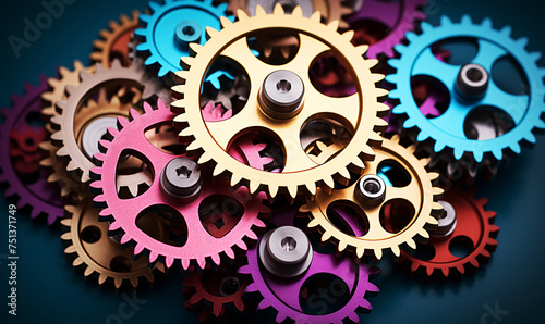 Abstract techno gear background with geometric colorful gears. Industrial gears modern machine mechanism. Gear technology.