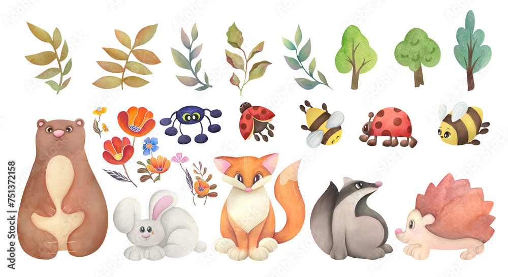 cute watercolor forest stickers with animals, plants, flowers, insects. red fox, baby bear, rabbit, badger, hedgehog, bees, ladybird, spider set on transparent background. Hand drawn clip art elements