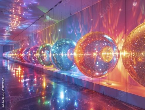 AI-Driven Market Analysis Orbs are sculptures that change color based on AI insights for franchise decisions.