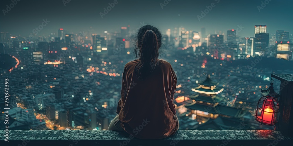 Traveling solo in Asia, night view of a city. Tokyo like city. A girl or woman tourist. Traveling solo in Asia, night view of a city. Tokyo like city. A girl or woman tourist.
