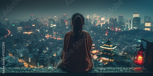 Traveling solo in Asia, night view of a city. Tokyo like city. A girl or woman tourist.