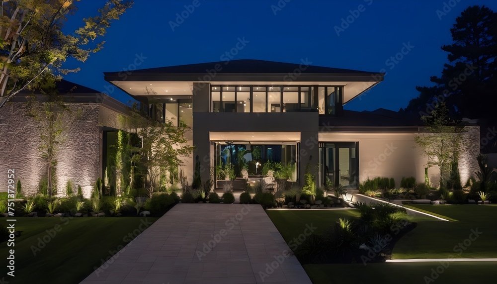 luxurious modern house exterior with elegant lighting as dusk falls, casting a warm and inviting glow over the landscape