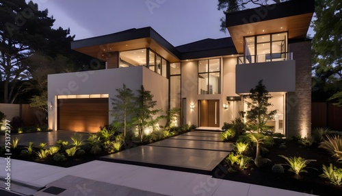 luxurious modern house exterior with elegant lighting as dusk falls, casting a warm and inviting glow over the landscape © Elegant Design & Art