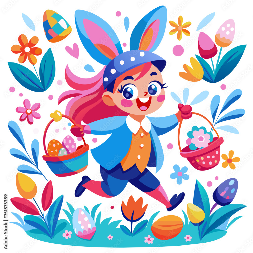 Fototapeta premium Easter bunny girl and easter eggs. Spring holiday. Cute and happy cartoon jumps, green grass. Kid with huge eyes and rabbit ears. Retro greeting card for children. Kawaii. PNG, Vector illustration,