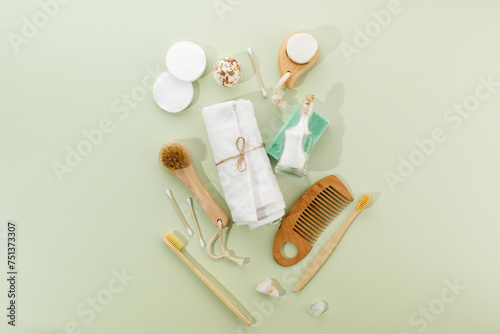 Various products for spa and beauty treatments, top view. (ID: 751373307)