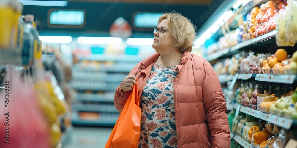 Grocery Run: Middle-Age Woman Shopping at a Supermarket, Expertly Navigating Aisles and Holding Bags Packed with Fresh Goodness.	
