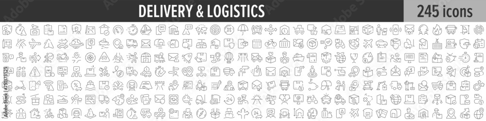 Delivery and Logistics linear icon collection. Big set of 245 Delivery and Logistics icons. Thin line icons collection. Vector illustration Delivery and Logistics linear icon collection. Big set of 245 Delivery and Logistics icons. Thin line icons collection. Vector illustration