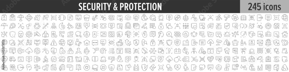 Security and Protection linear icon collection. Big set of 245 Security and Protection icons. Thin line icons collection. Vector illustration