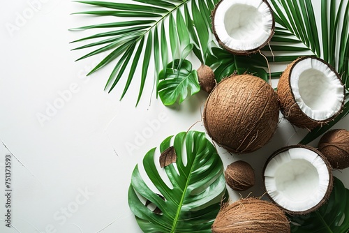 a group of coconuts and leaves