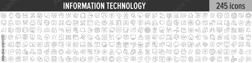 Information Technology linear icon collection. Big set of 245 Information Technology icons. Thin line icons collection. Vector illustration - obrazy, fototapety, plakaty 