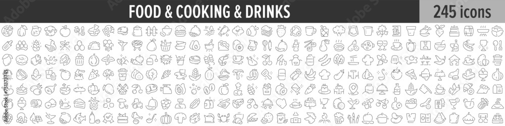 Food, Cooking and Drinks linear icon collection. Big set of 245 Food, Cooking and Drinks icons. Thin line icons collection. Vector illustration Food, Cooking and Drinks linear icon collection. Big set of 245 Food, Cooking and Drinks icons. Thin line icons collection. Vector illustration