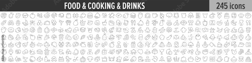 Food, Cooking and Drinks linear icon collection. Big set of 245 Food, Cooking and Drinks icons. Thin line icons collection. Vector illustration