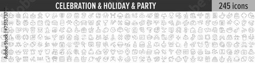 Celebration, Holiday and Party linear icon collection. Big set of 245 Celebration, Holiday and Party icons. Thin line icons collection. Vector illustration