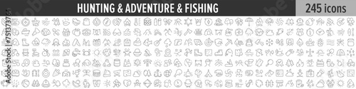 Hunting, Adventure and Fishing linear icon collection. Big set of 245 Hunting, Adventure and Fishing icons. Thin line icons collection. Vector illustration