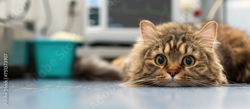 A close-up view of an anesthetized Scottish Fold cat laying on the floor, waiting for surgery at the vets office.