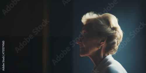 Mature woman in a thoughtful profile, her hair aglow with a backlight that speaks of wisdom